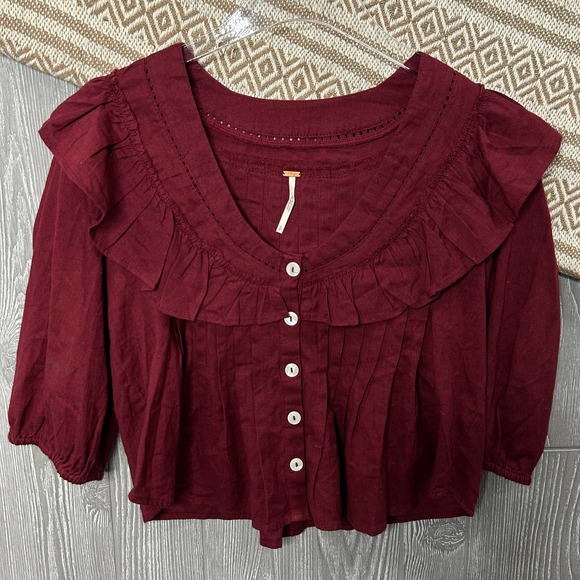 Free People Womens V-Neck Ruffle Trim 3/4 Sleeve Button Front Cropped Top S - Picture 1 of 10